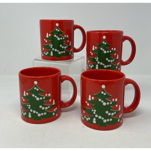Waechtersbach Christmas Tree Red Coffee Mug Cup Set‎ Of 4 Germany - Picture 1 of 8